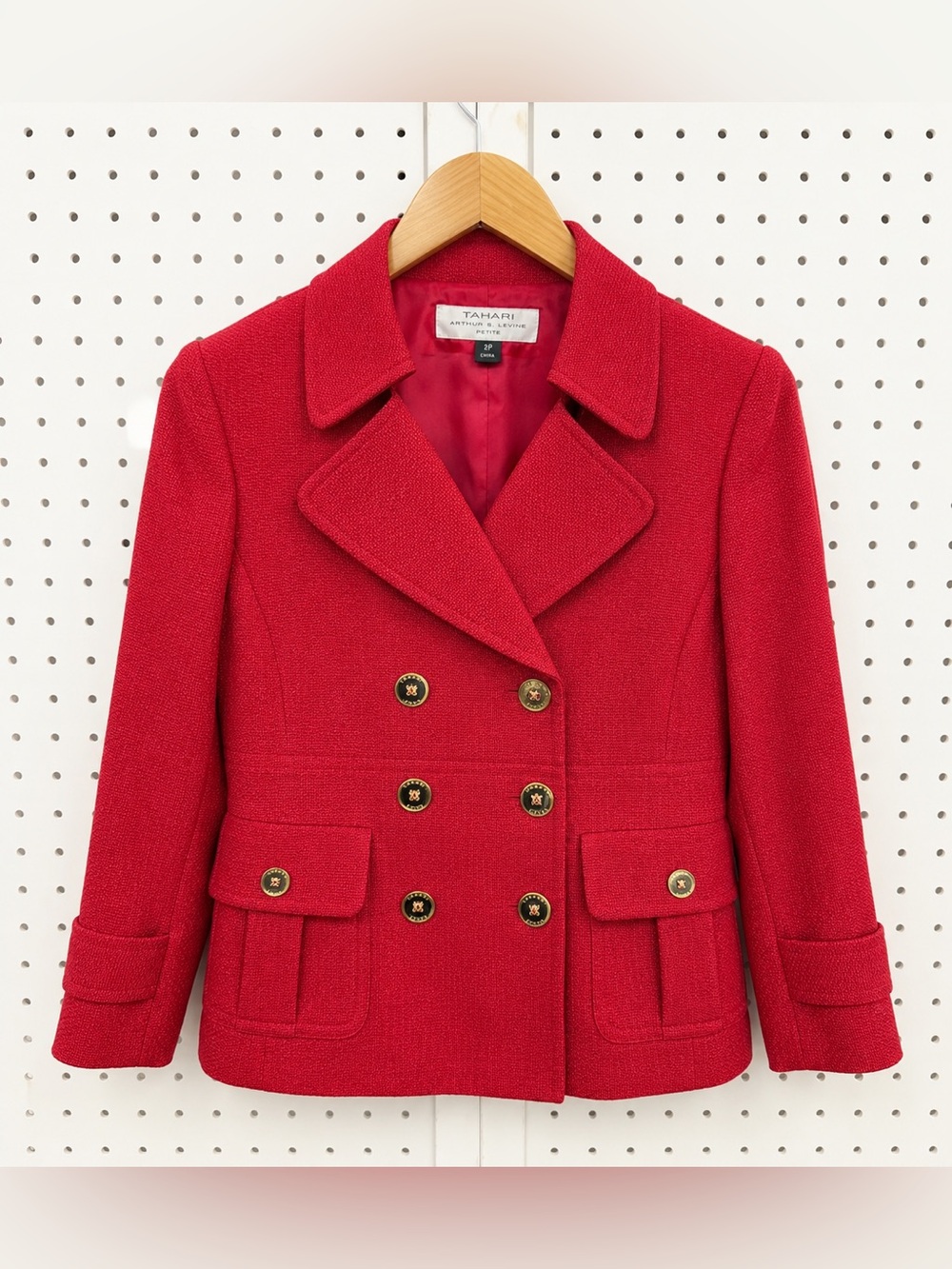 Tahari Bright Red Double-Breasted Blazer with Gold Buttons 2P Classic Structured